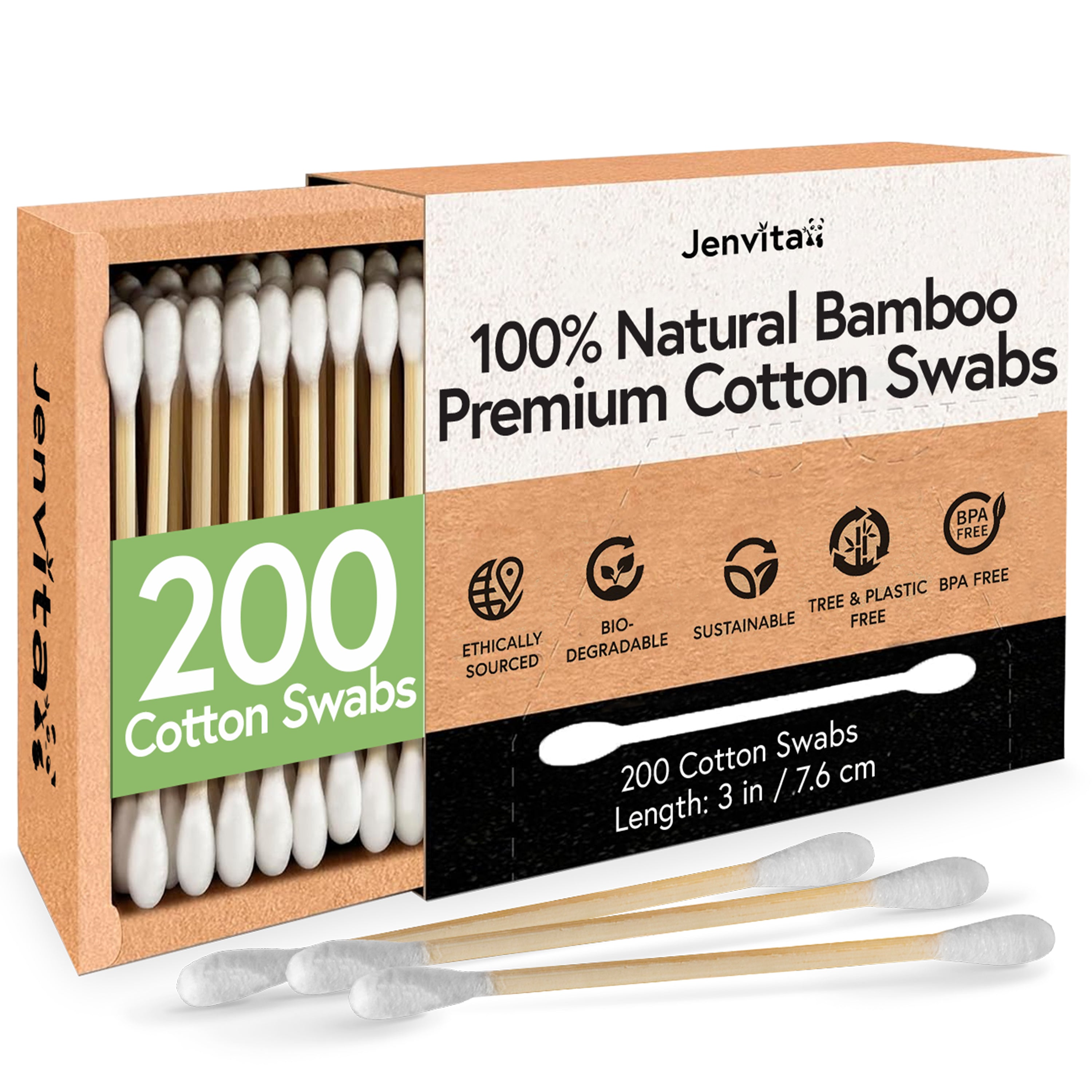 Jenvita Bamboo Standard Cotton Swabs - 200 Pack