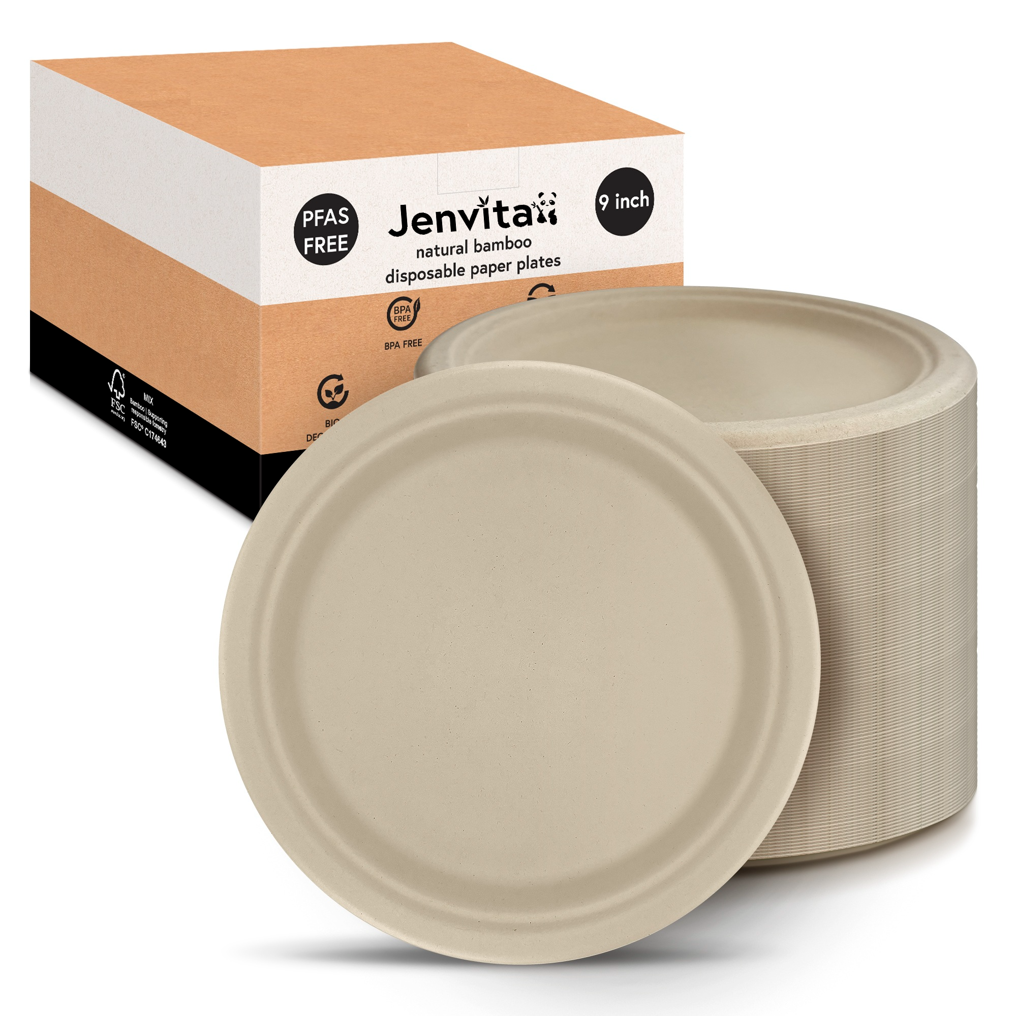 Jenvita Disposable Bamboo Paper Plates - 125 Plates