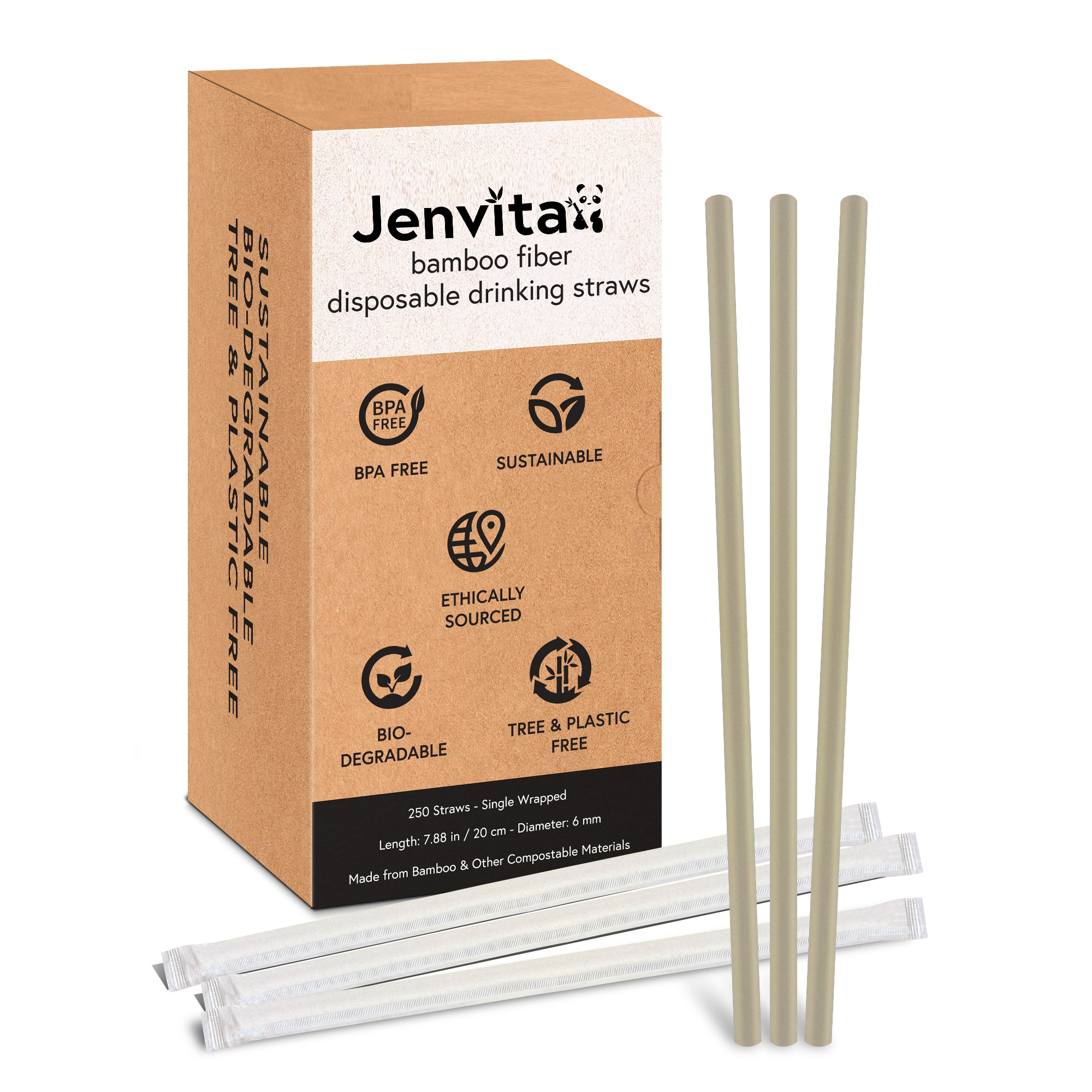 Jenvita Disposable Bamboo Straws - 250 Straws