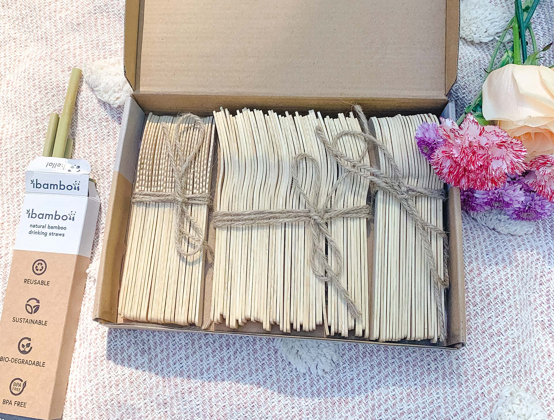 bamboo cutlery wrapped in twine