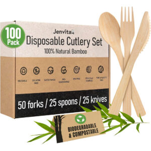 100-pack of disposable bamboo cutlery set with forks, spoons and knives
