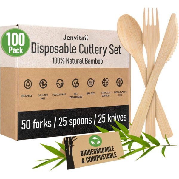 100-pack of disposable bamboo cutlery set with forks, spoons and knives