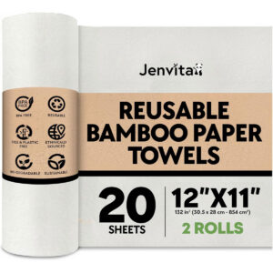Two rolls of Jenvita reusable bamboo paper towels with 20 sheets per roll
