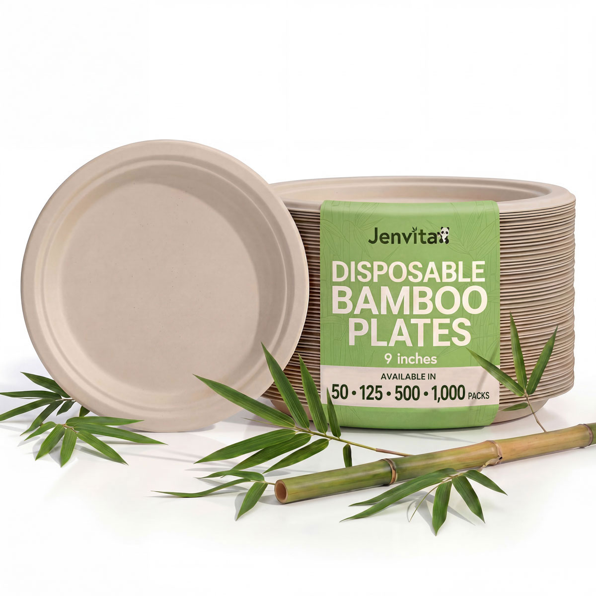 Pack sizes available for 9-inch disposable bamboo plates
