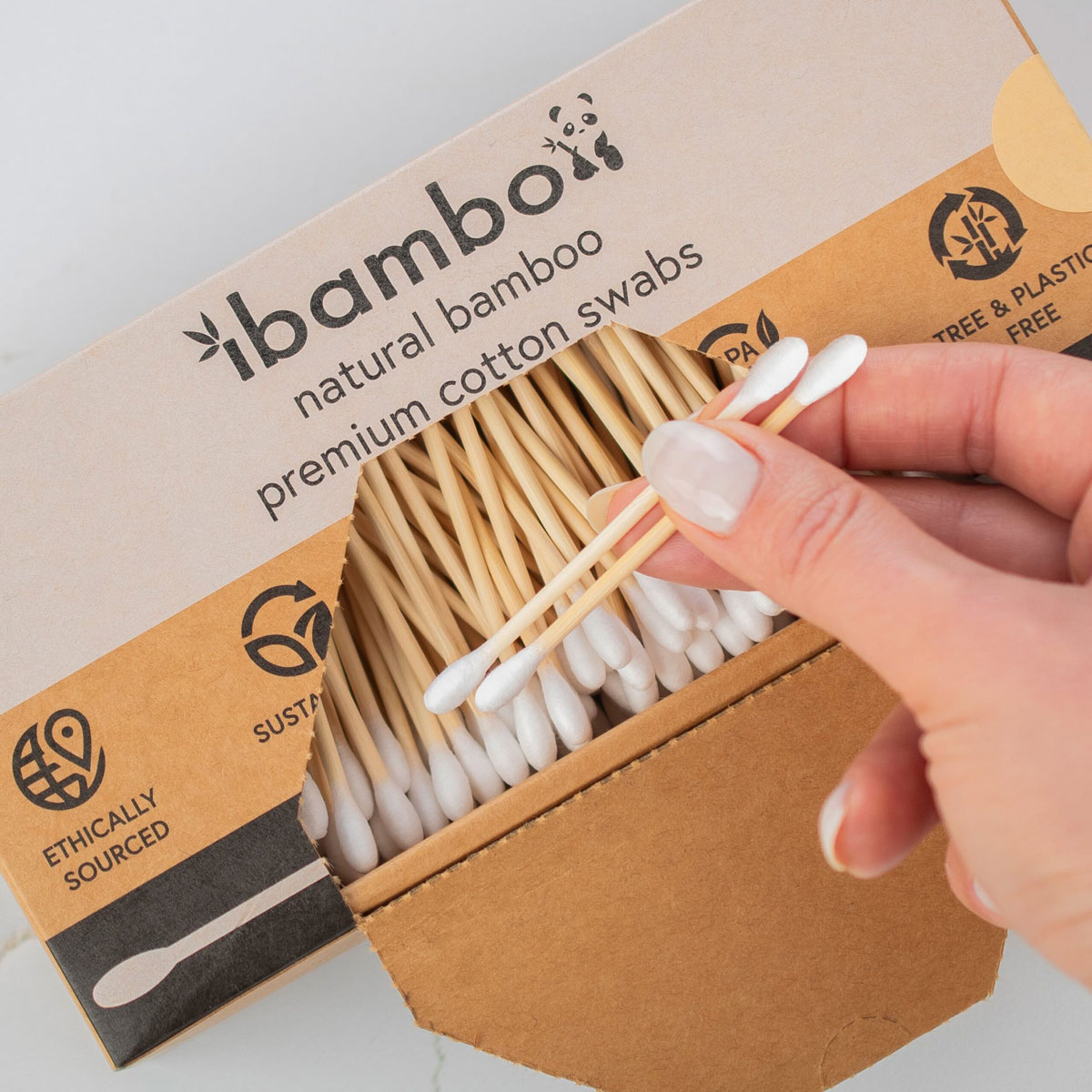 Bamboo cotton swabs in plastic-free cardboard packaging