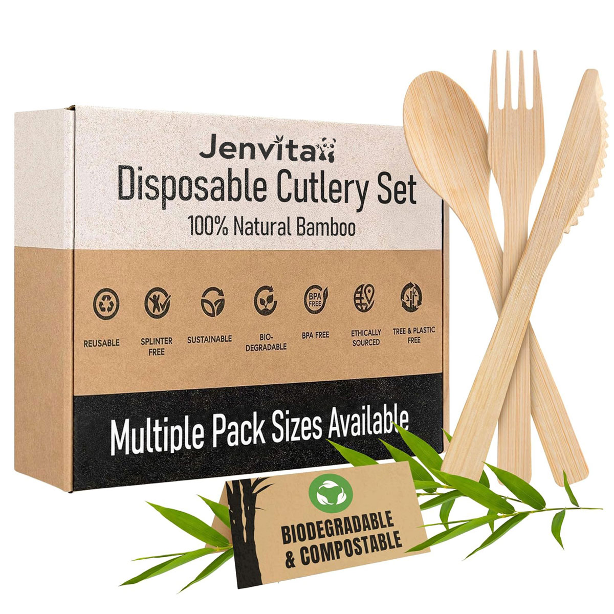 Jenvita biodegradable bamboo cutlery sets available in multiple pack sizes