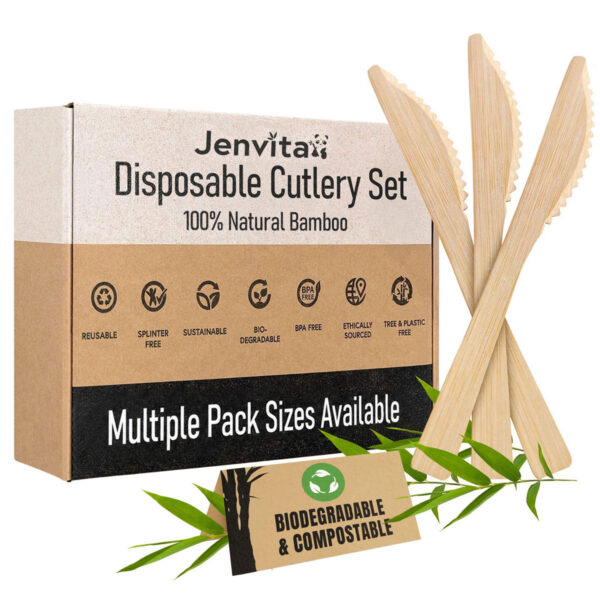 Jenvita disposable bamboo knives available in multiple pack sizes