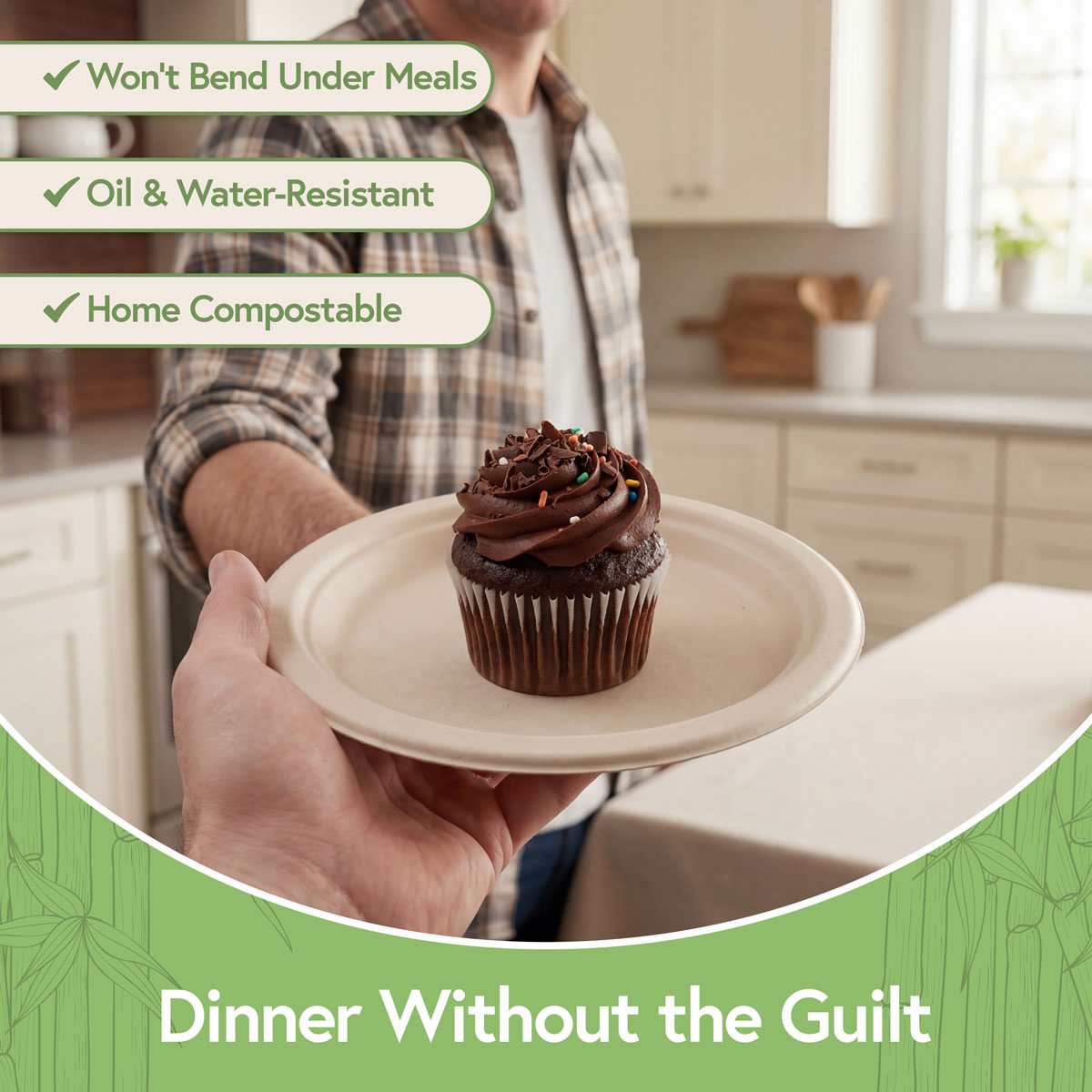 Compostable bamboo plate holding a cupcake for serving desserts and meals