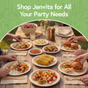 Disposable bamboo plates used to serve food at a party or family gathering