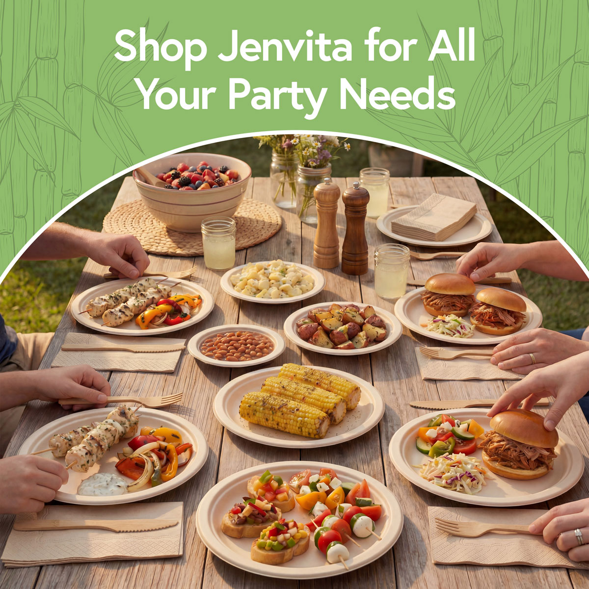 Disposable bamboo plates used to serve food at a party or family gathering