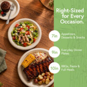 7-inch, 9-inch and 10-inch bamboo plates shown with different meal sizes