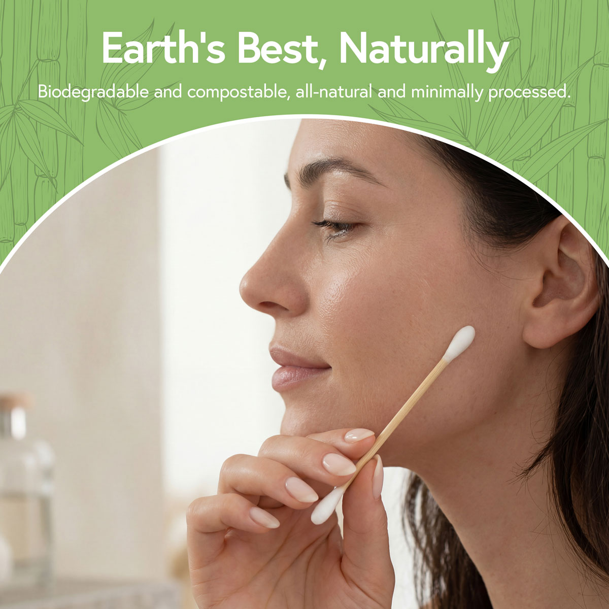 Biodegradable Bamboo Cotton Swabs Woman using a natural bamboo cotton swab for personal care