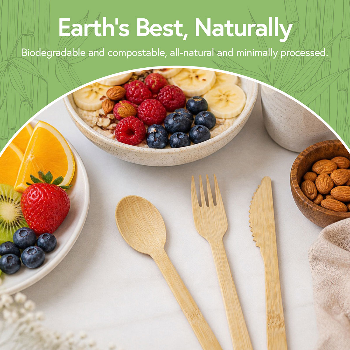 Biodegradable and compostable bamboo cutlery set with fork, spoon and knife