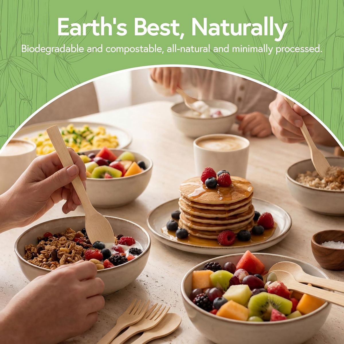 Compostable bamboo spoons used for fruit, cereal and breakfast foods