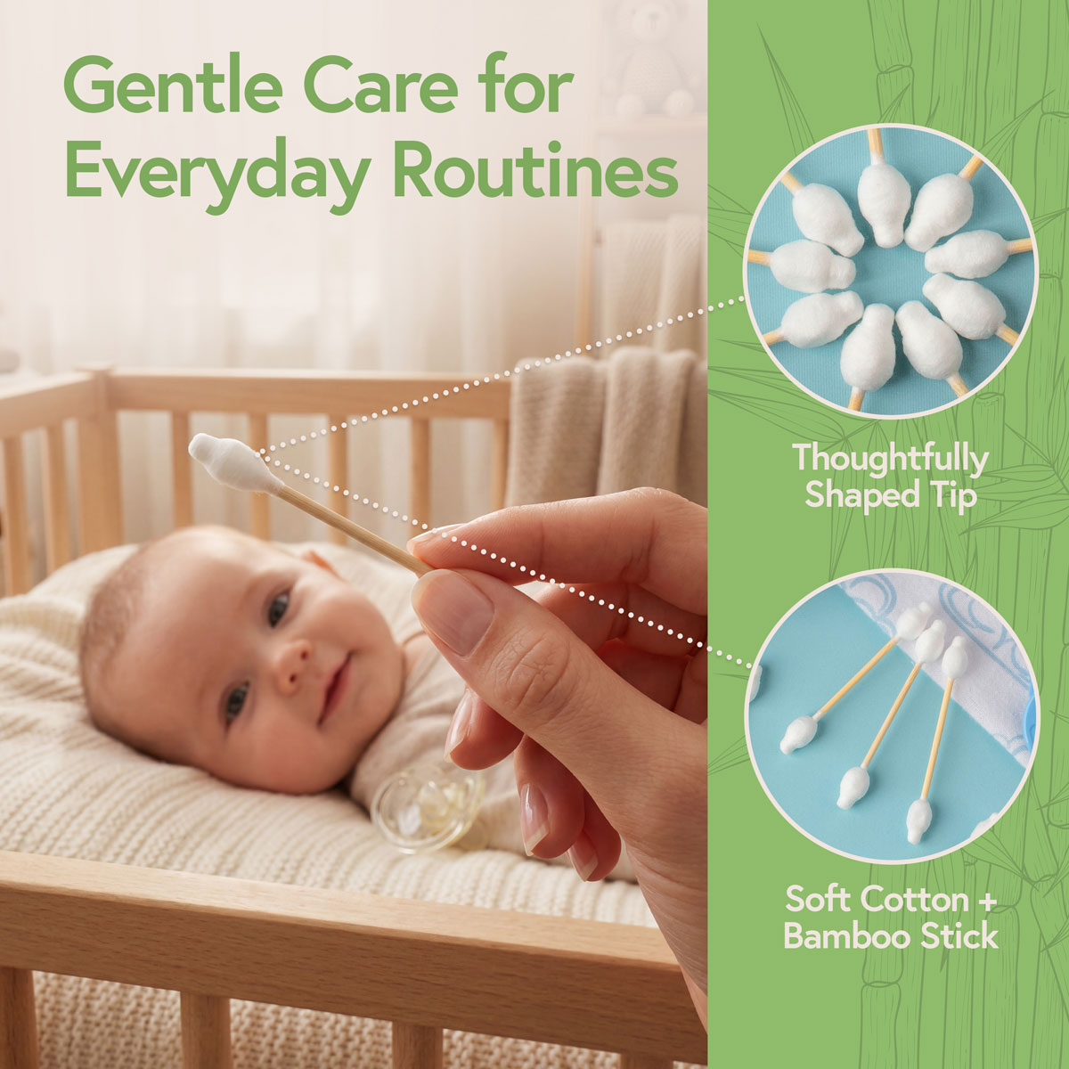 Gentle for Everyday Care Parent holding a soft-tip bamboo cotton swab near a baby during a care routine