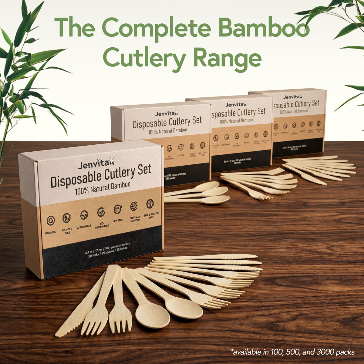 Complete Jenvita bamboo cutlery range with forks, spoons, knives and sets