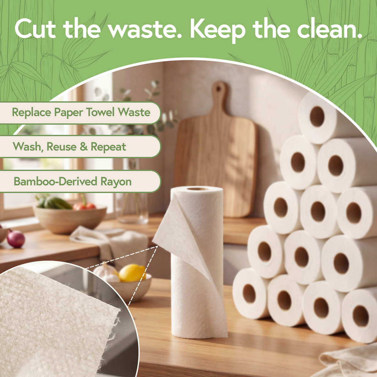 Reusable bamboo-derived paper towels for reducing disposable paper towel waste