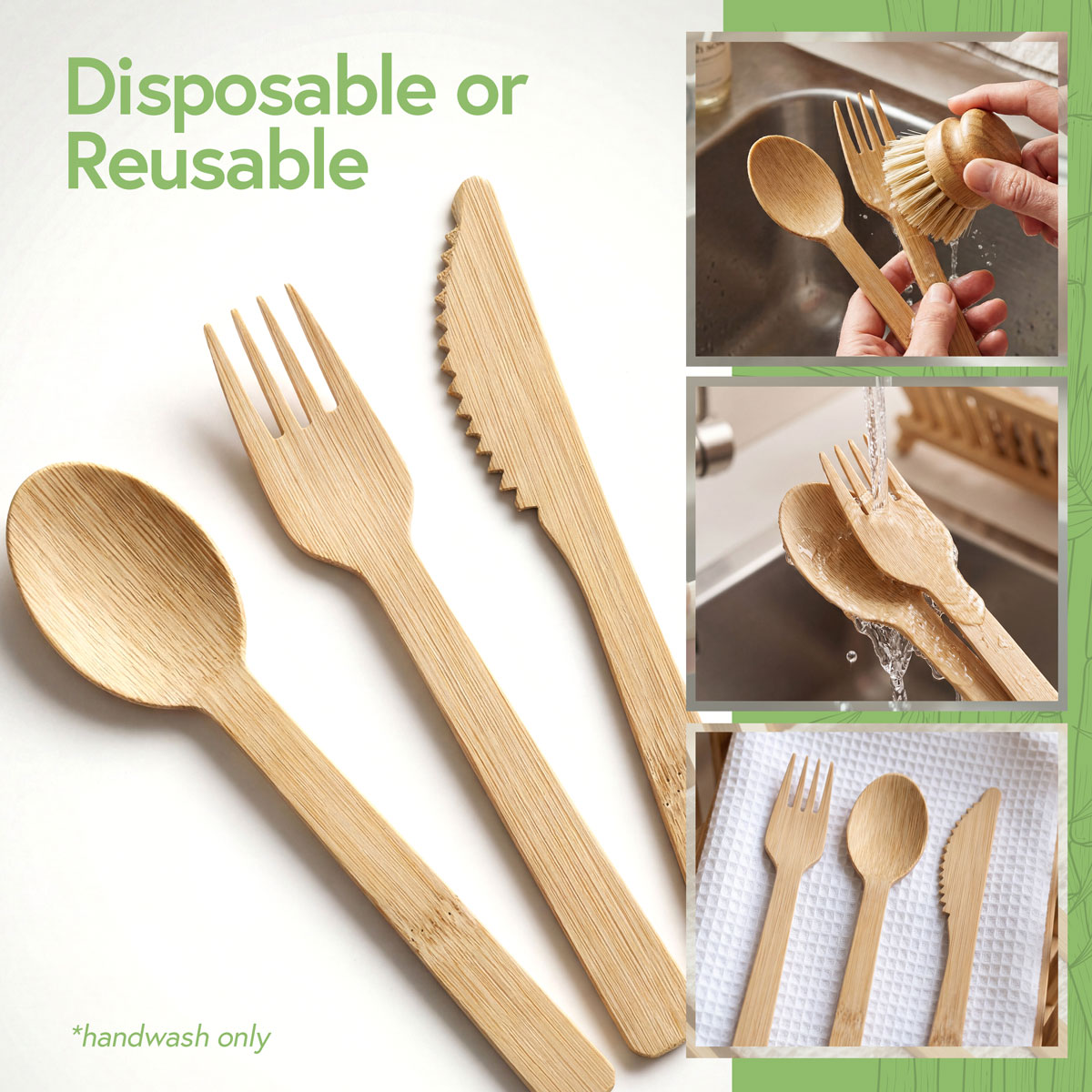 Bamboo fork, spoon and knife set suitable for disposable use or reuse