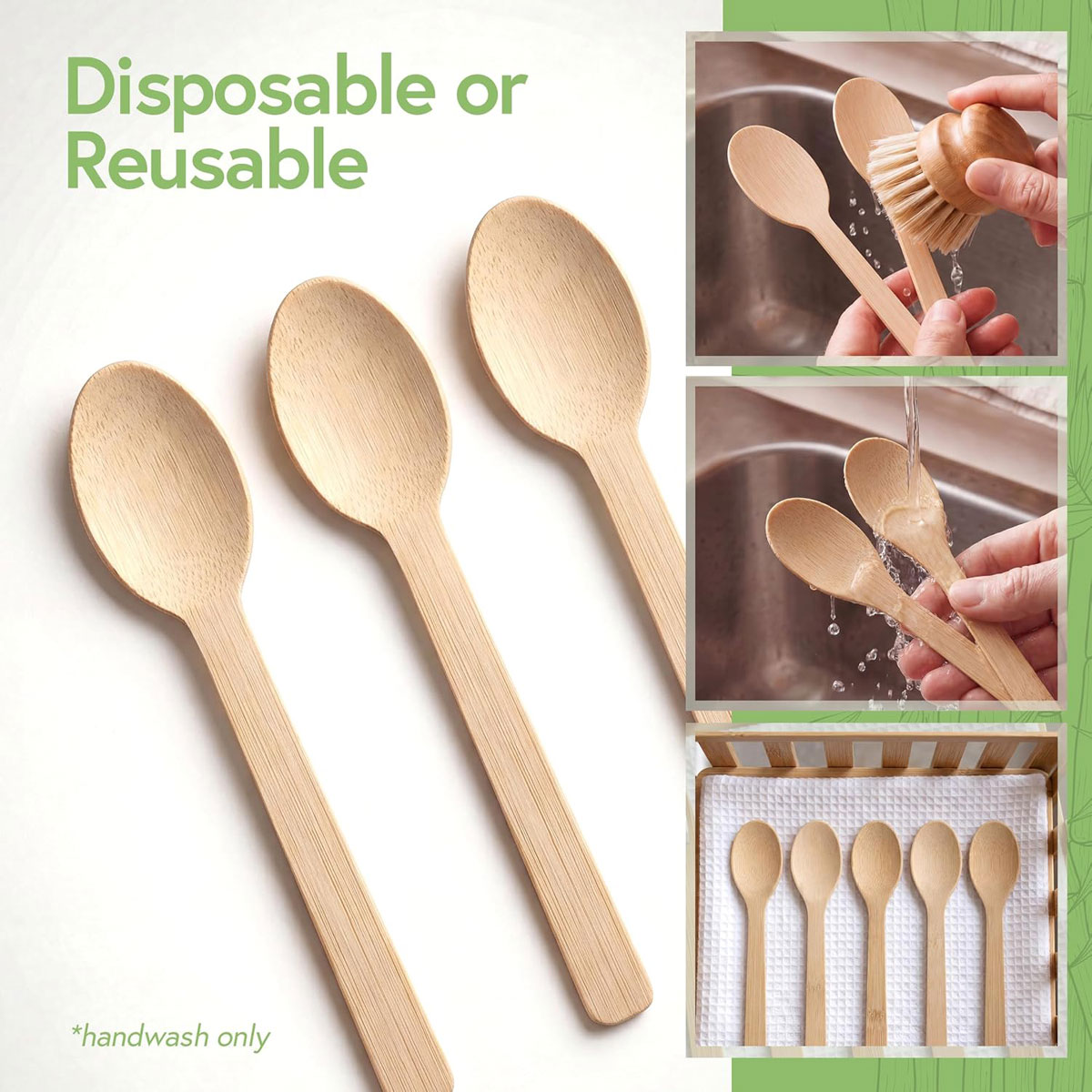 Bamboo spoons designed for disposable use or hand washing and reuse