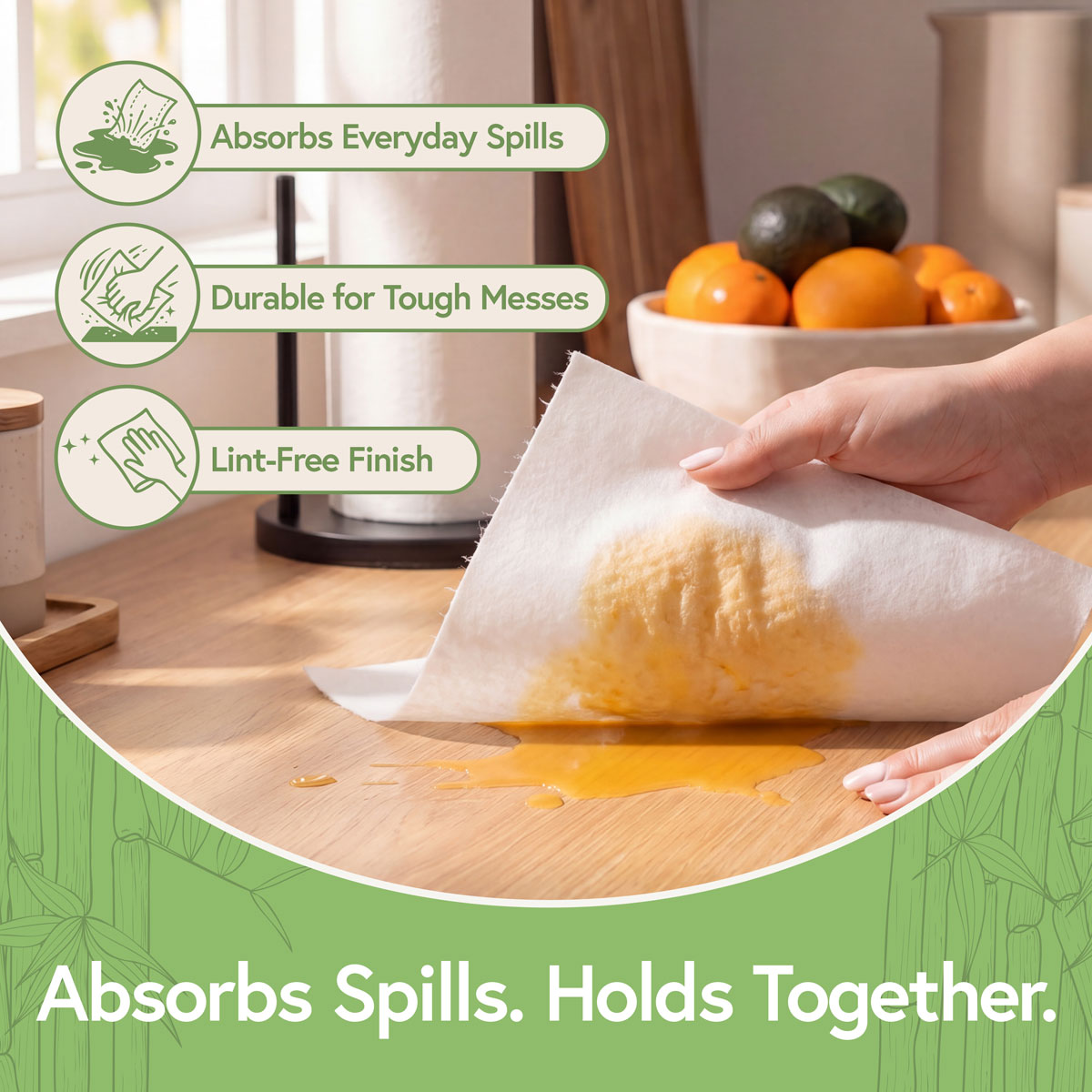 Durable absorbent reusable towel cleaning a spill on a kitchen counter