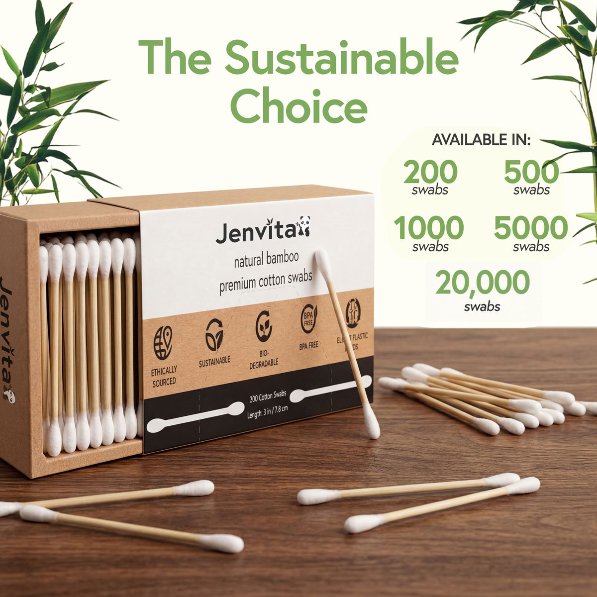Bamboo Cotton Swabs in Multiple Pack Sizes Jenvita bamboo cotton swabs available in 200, 500, 1,000, 5,000, and 20,000 pack sizes