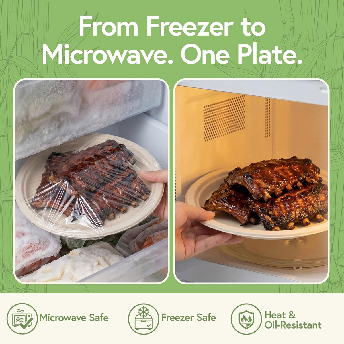 Bamboo plate shown as freezer-safe, microwave-safe and heat resistant