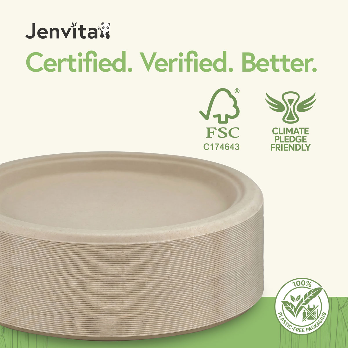 Stack of Jenvita FSC-certified disposable bamboo plates