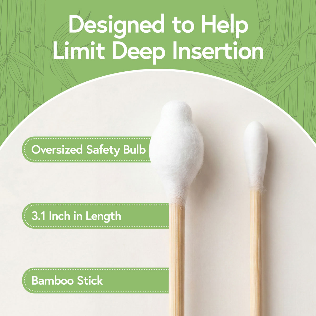 Safety-Tip Design Bamboo baby cotton swabs with oversized safety bulb and 3.1-inch bamboo stick
