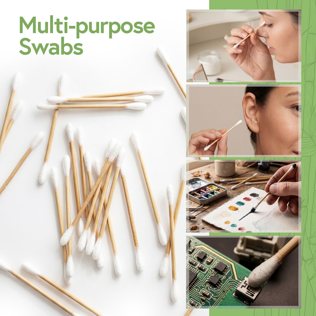 Multi-Purpose Cotton Swabs Bamboo cotton swabs for personal care, makeup, crafts and electronics cleaning