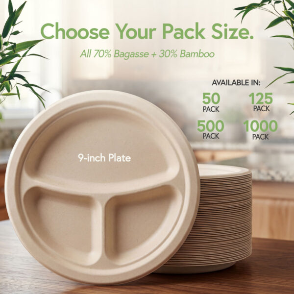 Jenvita bamboo compartment plates available in 50, 125, 500 and 1000 packs
