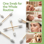 Multi-Purpose Bamboo baby cotton swabs shown for infant care, beauty and pet care routines
