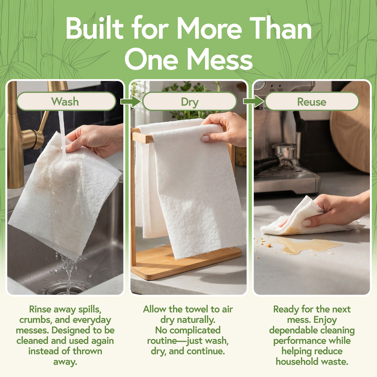Washable reusable paper towel being rinsed, dried and reused for cleaning