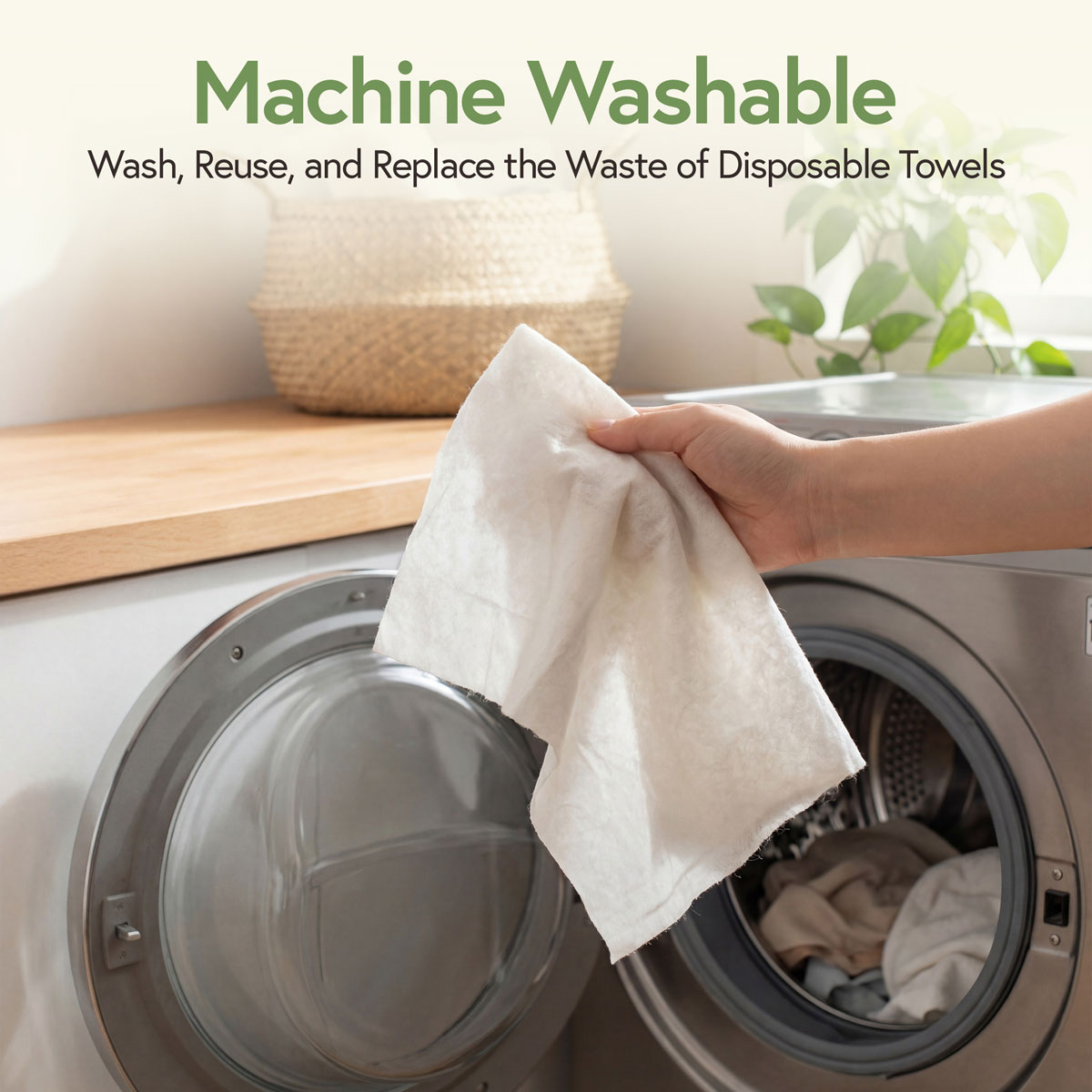 Machine-washable reusable paper towel being placed near a washing machine