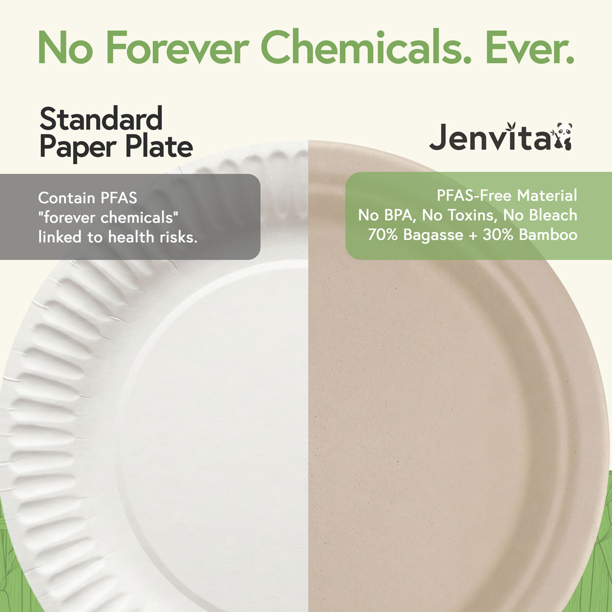 Standard paper plate compared with Jenvita PFAS-free bamboo plate