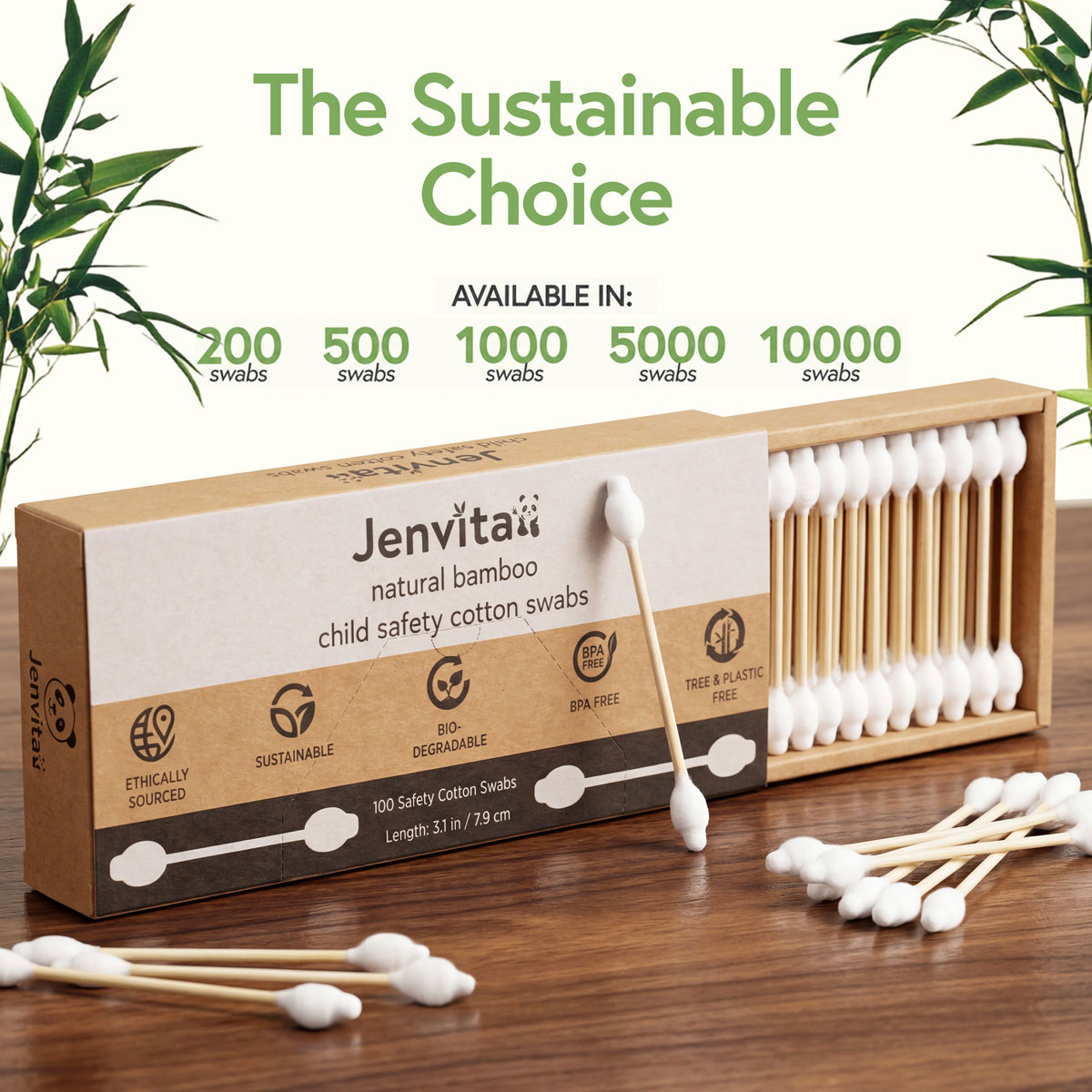 Multiple Pack Sizes Available Jenvita bamboo infant cotton swabs available in 200, 500, 1,000, 5,000 and 10,000 pack sizes
