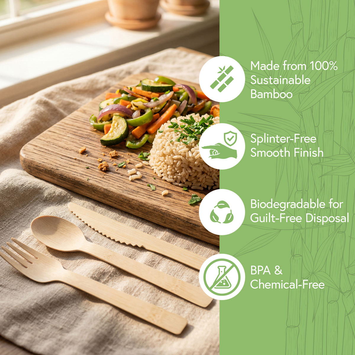 Eco-friendly bamboo silverware set with fork, spoon and knife beside a meal