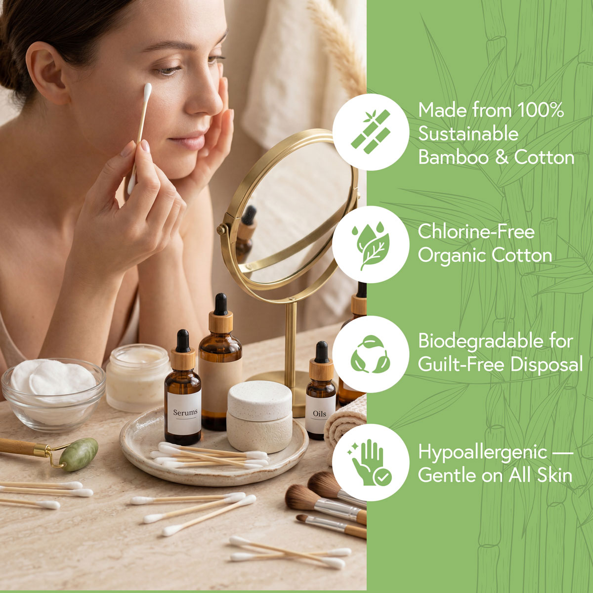 Sustainable Bamboo Cotton Swabs for Personal Care Woman using sustainable bamboo cotton buds as part of a personal care routine