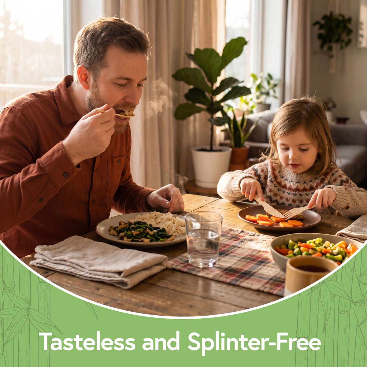 Family using tasteless and splinter-free bamboo cutlery during a meal