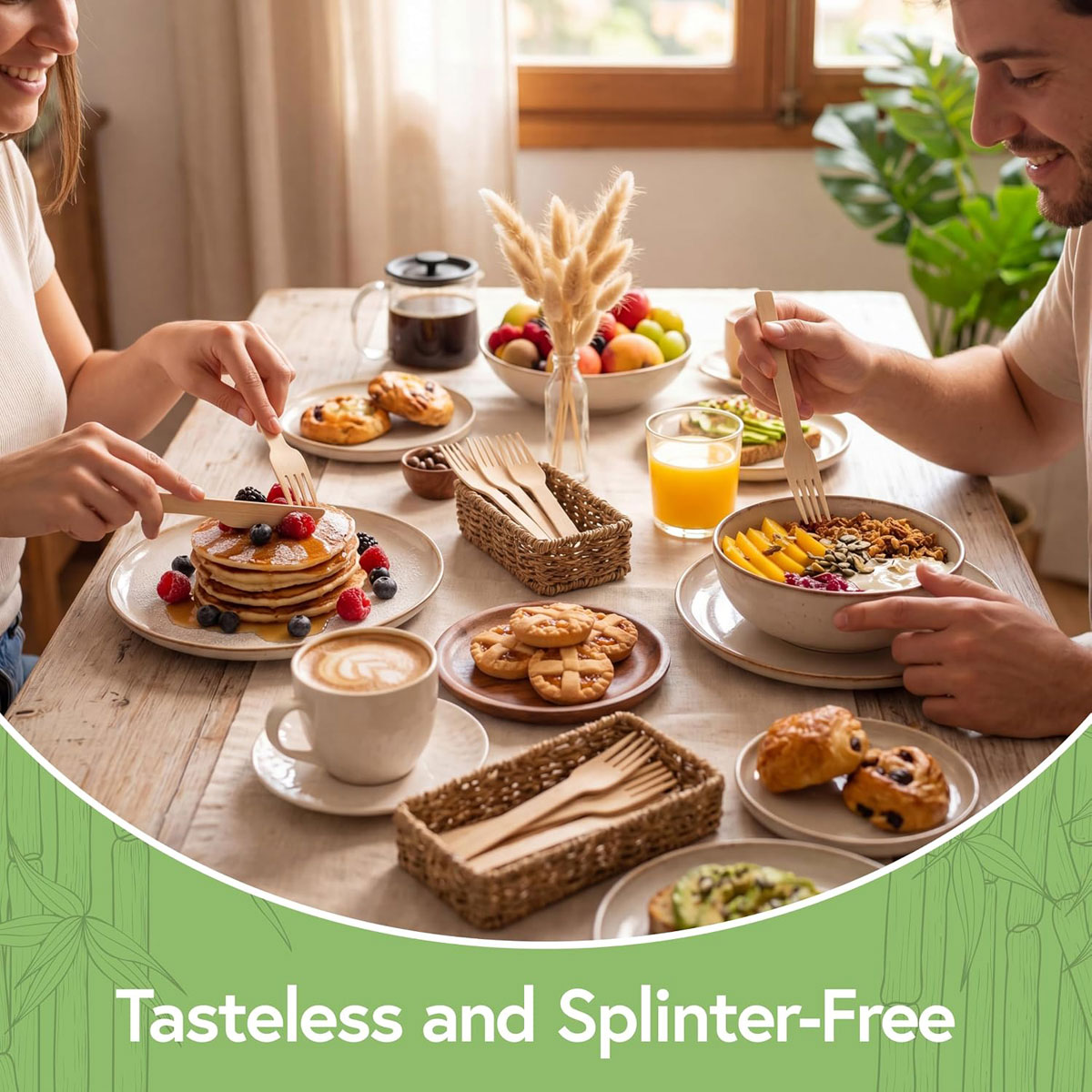 Bamboo forks used at breakfast with a tasteless and splinter-free finish
