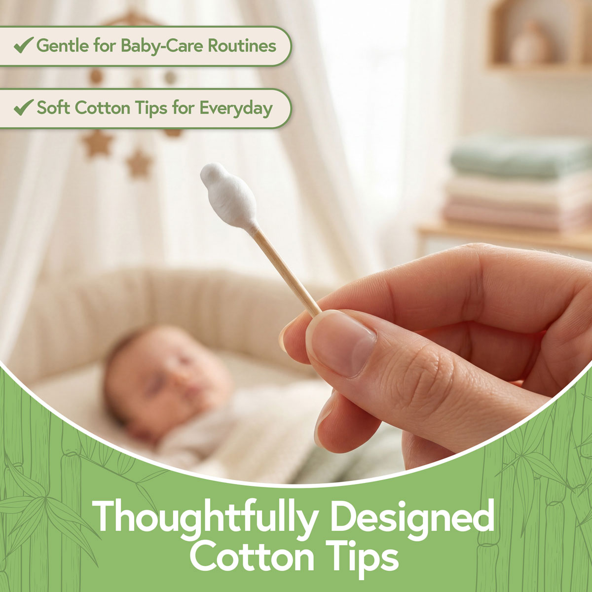 Soft Cotton Tips Close-up of a soft oversized cotton tip on a bamboo baby safety swab