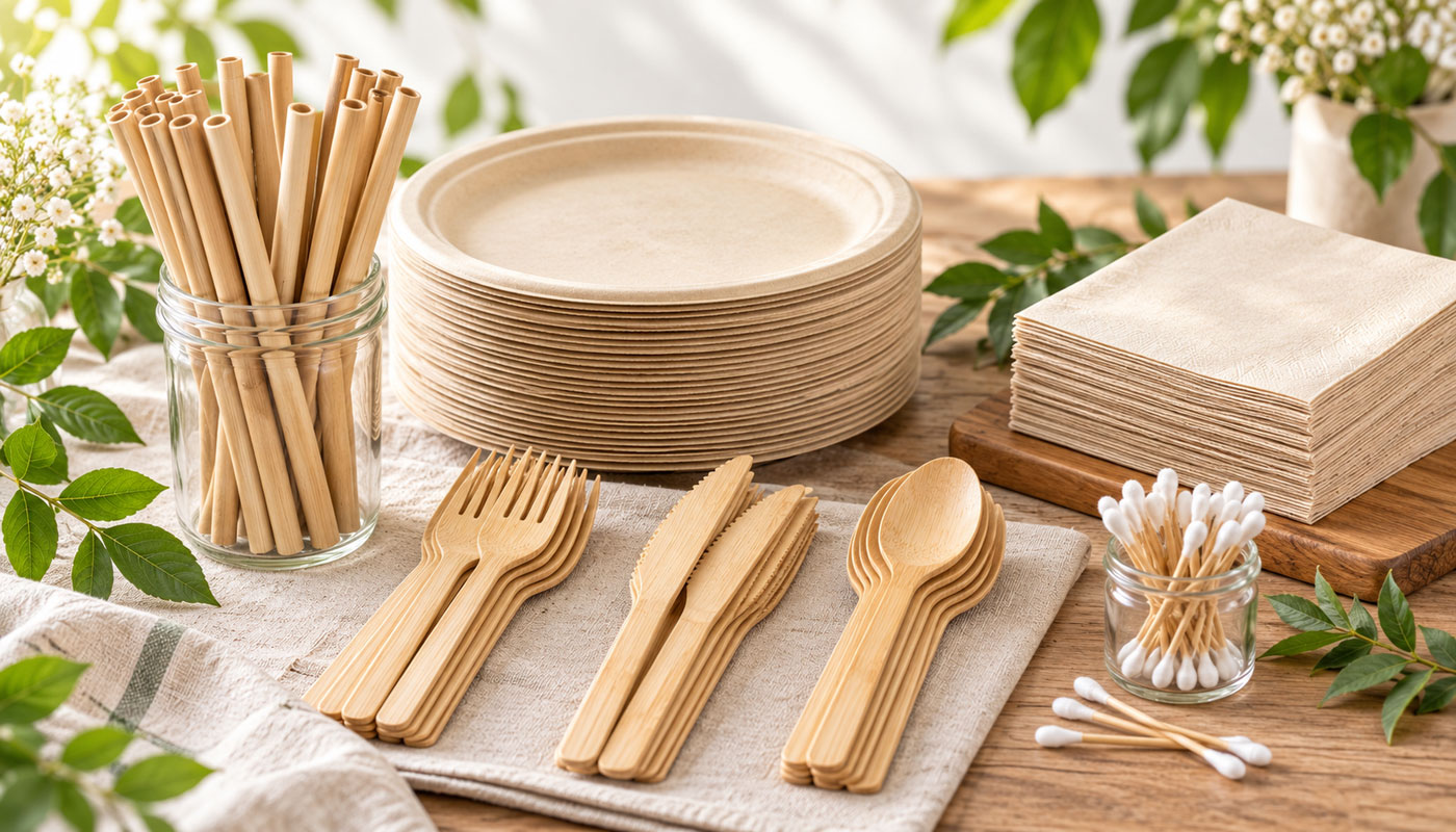 Bamboo cutlery, plates, and napkins stacked on a table