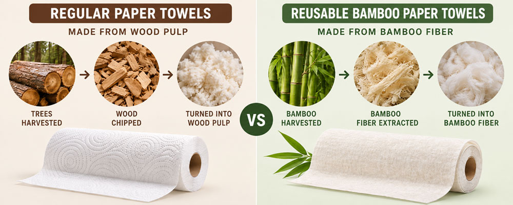 Comparison showing regular paper towels made from wood pulp and reusable bamboo paper towels made from bamboo fiber.