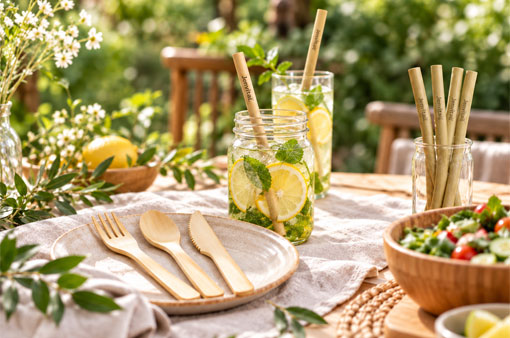Jenvita bamboo forks, spoons, knives, and reusable drinking straws arranged on an outdoor dining table with fresh drinks and food