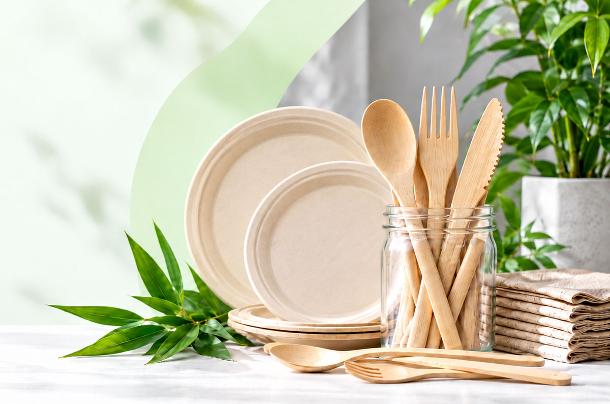 Bamboo cutlery, plates and napkins on a table